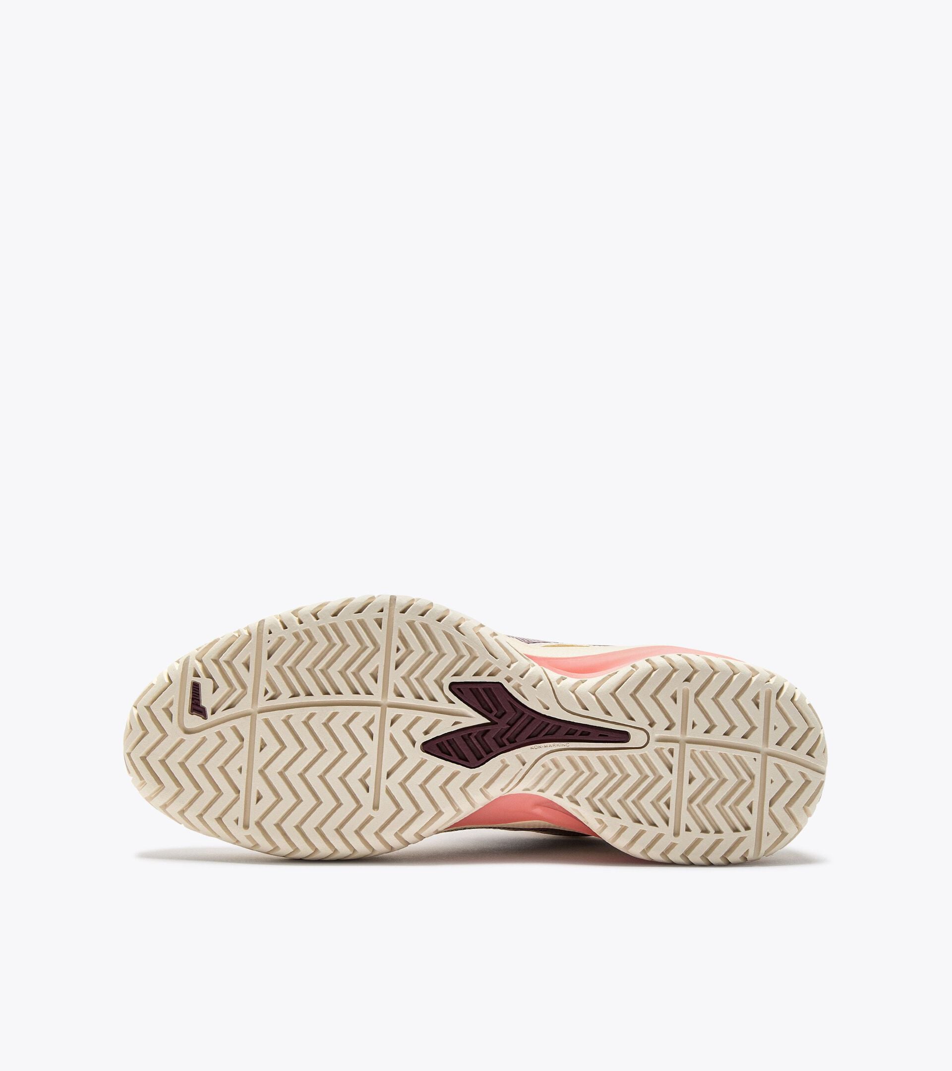 Tennis shoe for hard surfaces and clay courts -  Protection and cushioning - Women&rsquo;s BLUSHIELD TORNEO 3 W AG WHISPER WH/MAROON BAN/DES FLWR - Diadora