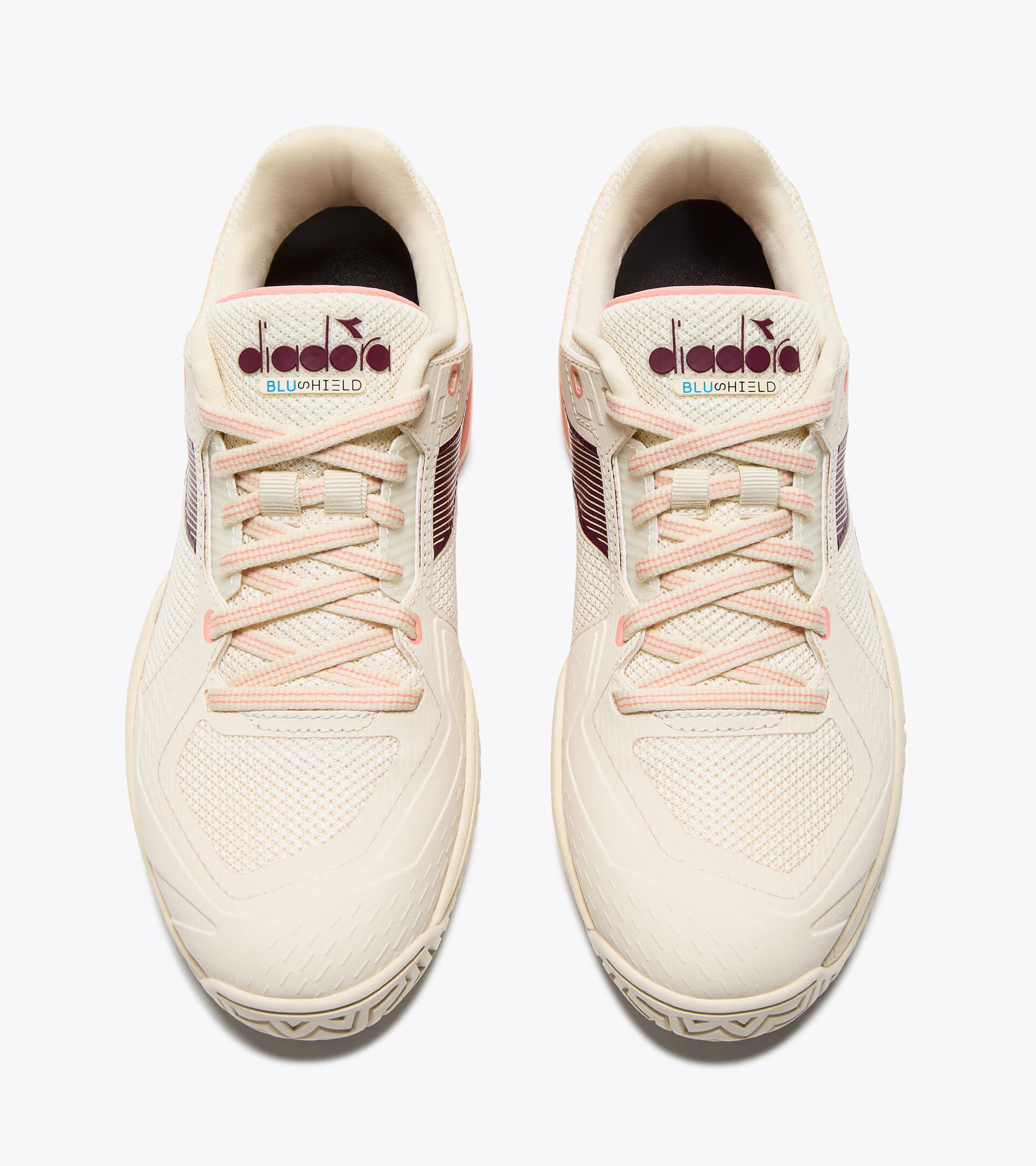 Tennis shoe for hard surfaces and clay courts -  Protection and cushioning - Women&rsquo;s BLUSHIELD TORNEO 3 W AG WHISPER WH/MAROON BAN/DES FLWR - Diadora