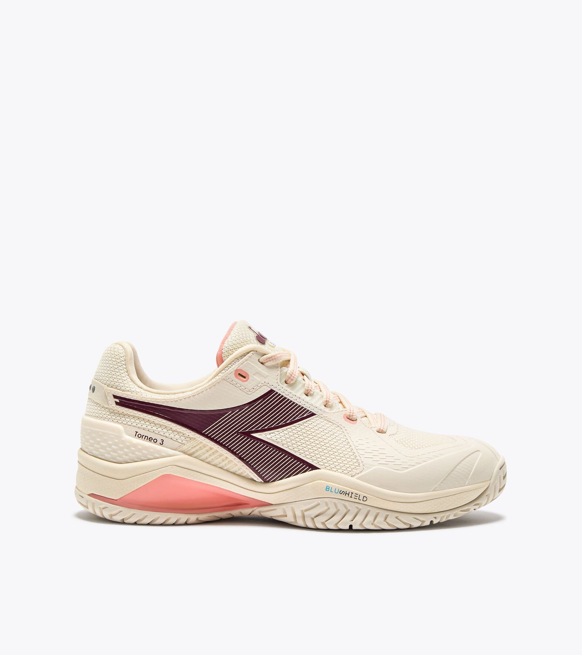 Tennis shoe for hard surfaces and clay courts -  Protection and cushioning - Women’s BLUSHIELD TORNEO 3 W AG WHISPER WH/MAROON BAN/DES FLWR - Diadora