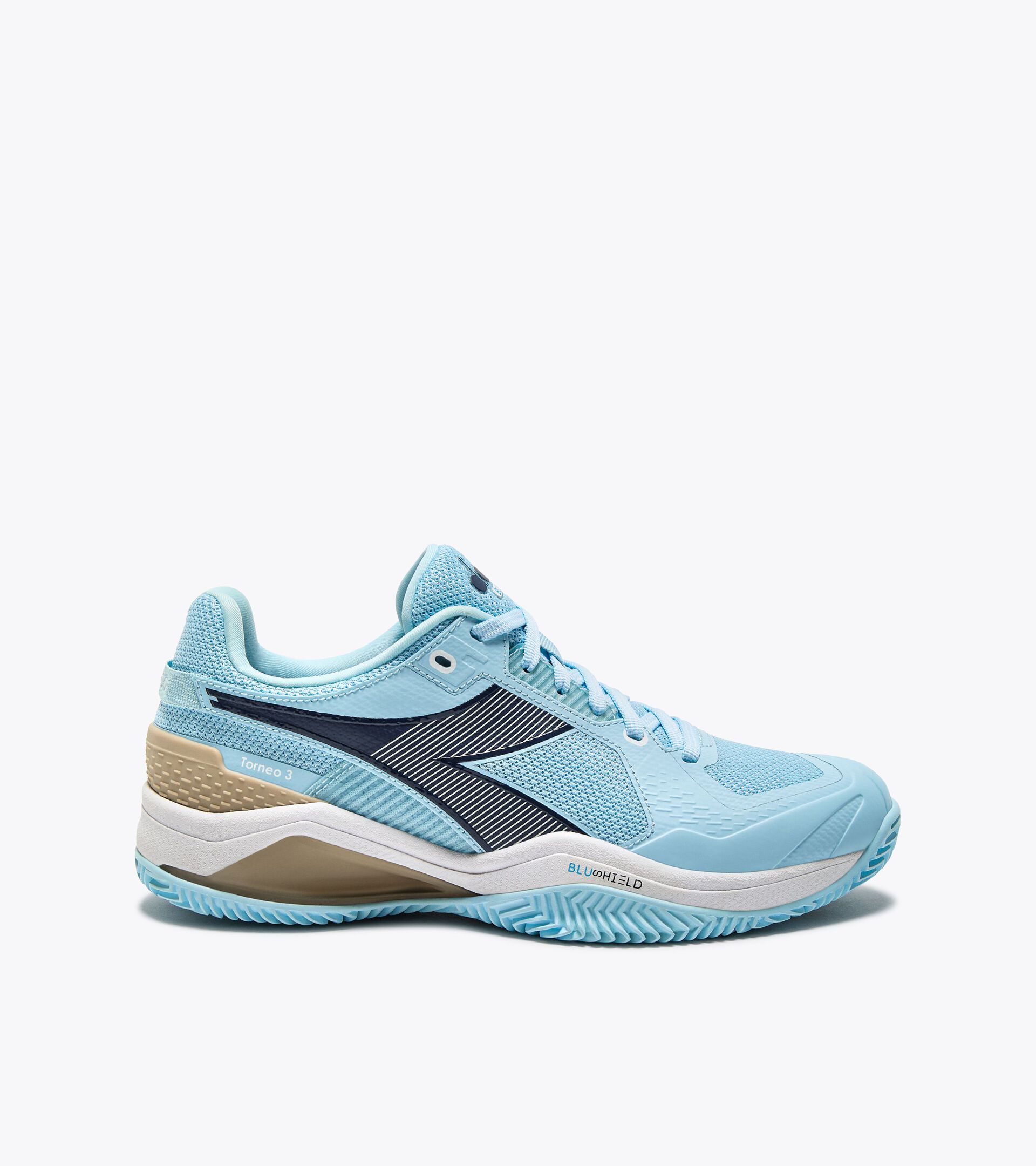 Tennis shoe for clay courts - Protection and cushioning - Women&rsquo;s
 BLUSHIELD TORNEO 3 W CLAY CORYDALIS BLUE/BLACK IRIS - Diadora