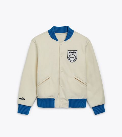 JACKET VARSITY LEGACY, BUTTER WHITE/INDIGO BUNTING Insulated jacket - Made in italy - Gender Neutral JACKET VARSITY LEGACY BUTTER WHITE/INDIGO BUNTING - Diadora