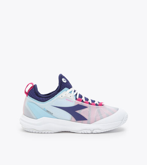 Tennis shoes for hard surfaces or clay - Women SPEED BLUSHIELD FLY 4 + W AG WHITE/BLUEPRINT/PINK YARROW - Diadora