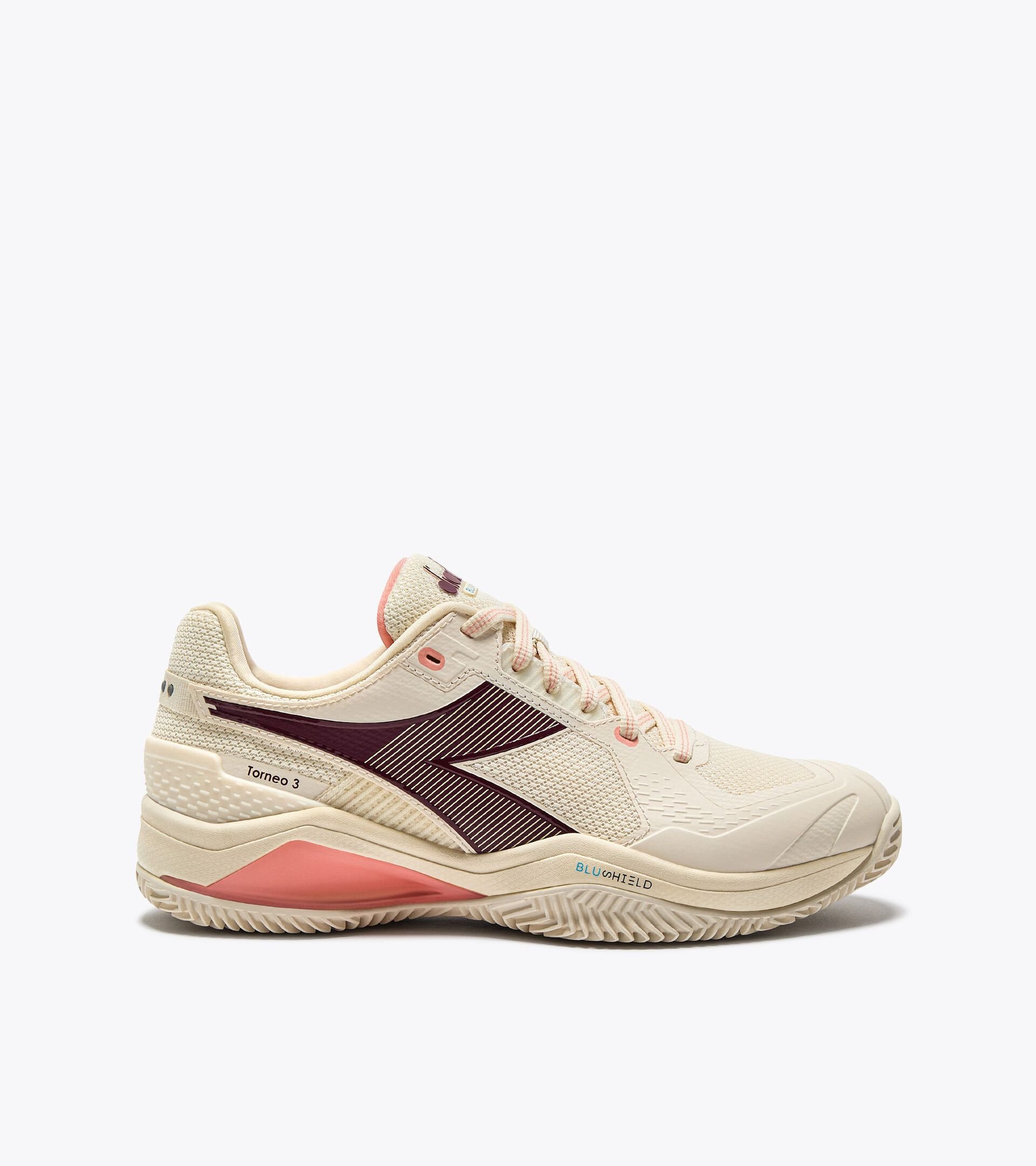 Tennis shoe for clay courts - Protection and cushioning - Women’s
 BLUSHIELD TORNEO 3 W CLAY WHISPER WH/MAROON BAN/DES FLWR - Diadora