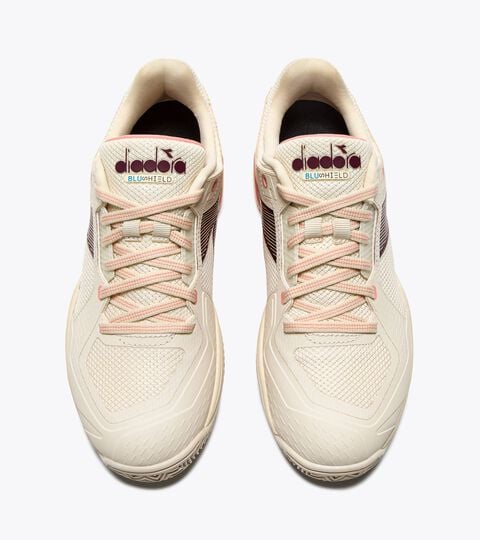 Tennis shoe for clay courts - Protection and cushioning - Women&rsquo;s
 BLUSHIELD TORNEO 3 W CLAY WHISPER WH/MAROON BAN/DES FLWR - Diadora