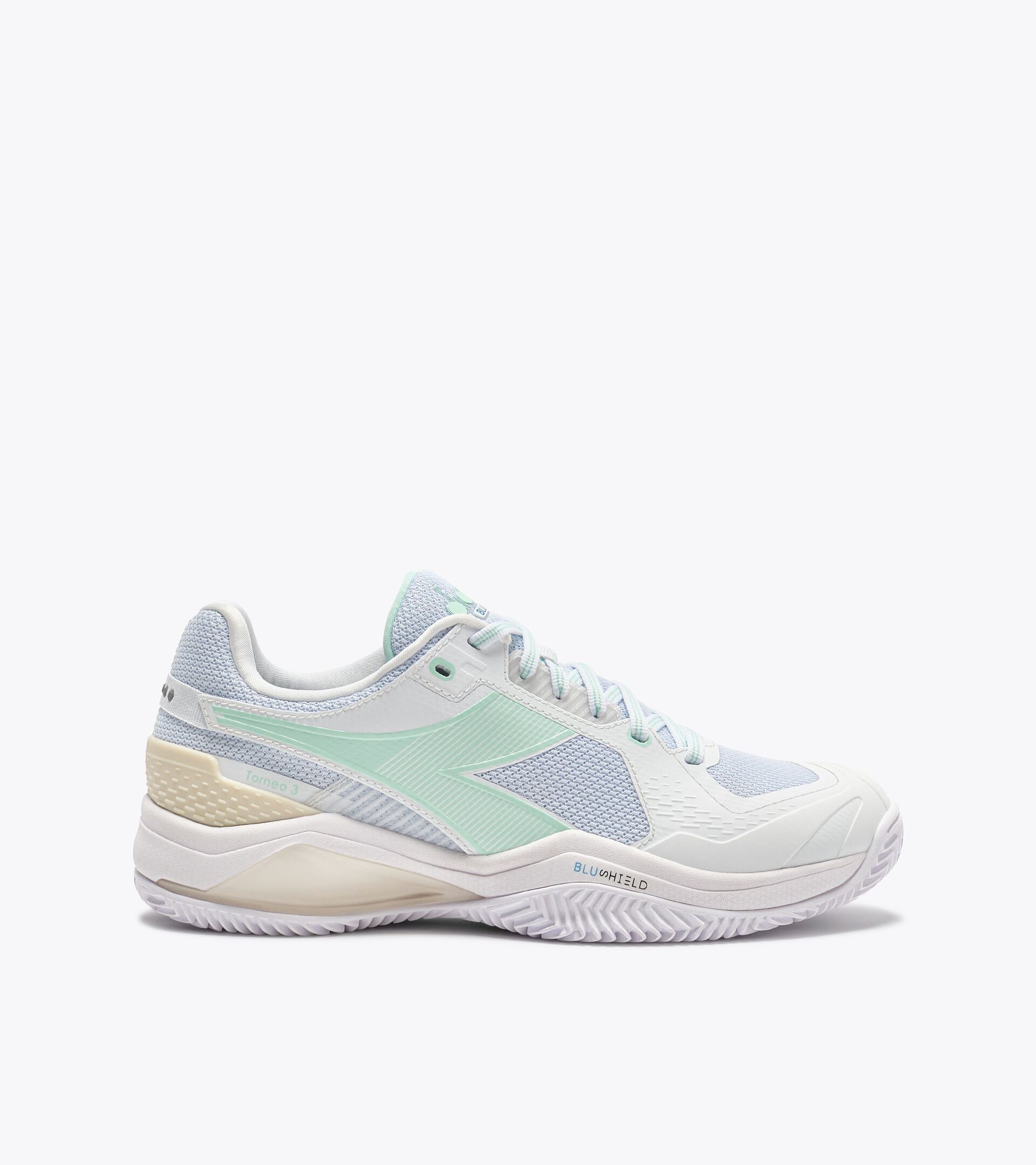 Tennisschuh f&uuml;r Sandpl&auml;tze - Schutz und Cushioning - Damen BLUSHIELD TORNEO 3 W CLAY BIANCO/VERDE BAIA - Diadora