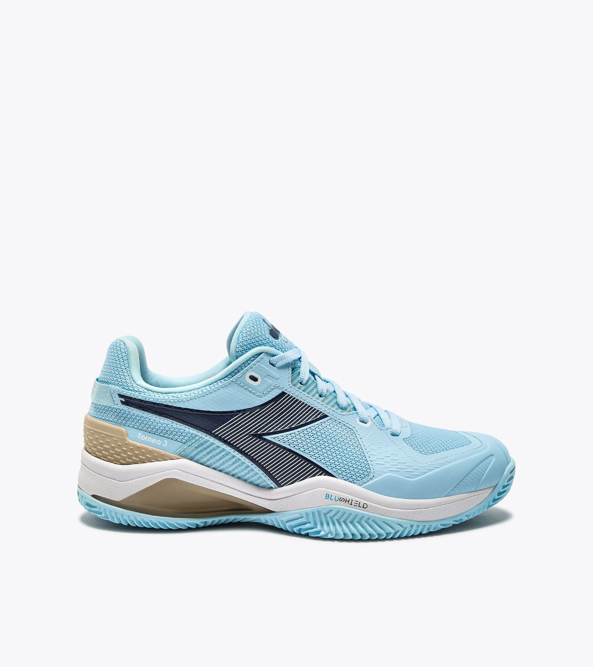 Tennis shoe for clay courts - Protection and cushioning - Women&rsquo;s
 BLUSHIELD TORNEO 3 W CLAY CORYDALIS BLUE/BLACK IRIS - Diadora