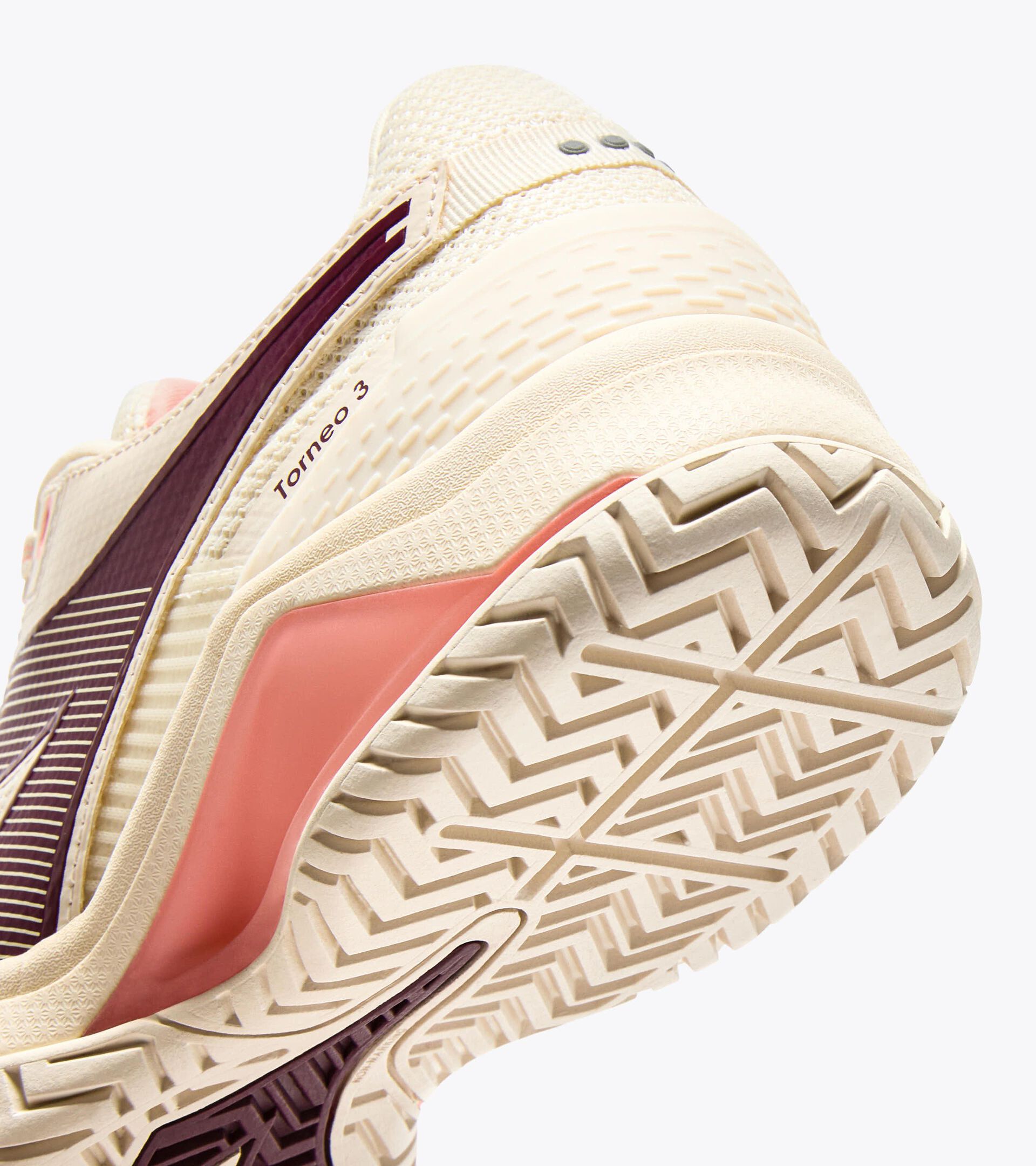 Tennis shoe for hard surfaces and clay courts -  Protection and cushioning - Women’s BLUSHIELD TORNEO 3 W AG WHISPER WH/MAROON BAN/DES FLWR - Diadora