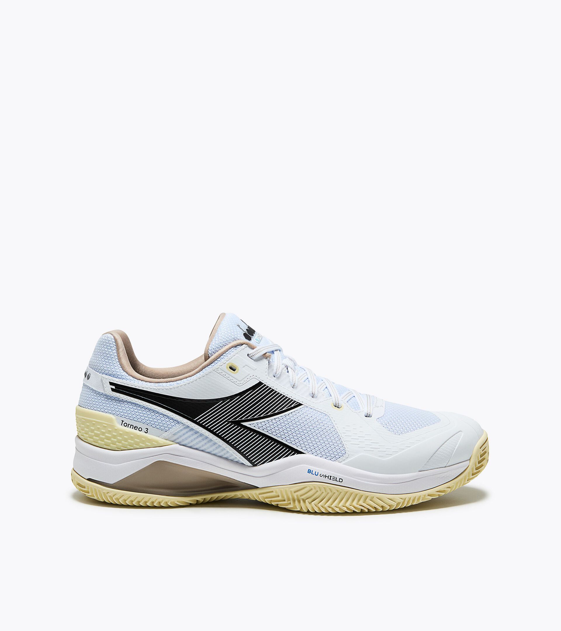 Tennis shoe for clay courts - Protection and cushioning - Men&rsquo;s BLUSHIELD TORNEO 3 CLAY WHITE /BLACK/RUTABAGA - Diadora