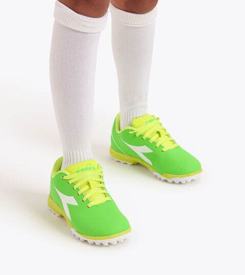 PICHICHI 5 TF JR, VERT FLUO/BLANC/JAUNE FLUO DD Chaussures de football junior - Unisexe PICHICHI 5 TF JR VERT FLUO/BLANC/JAUNE FLUO DD - Diadora