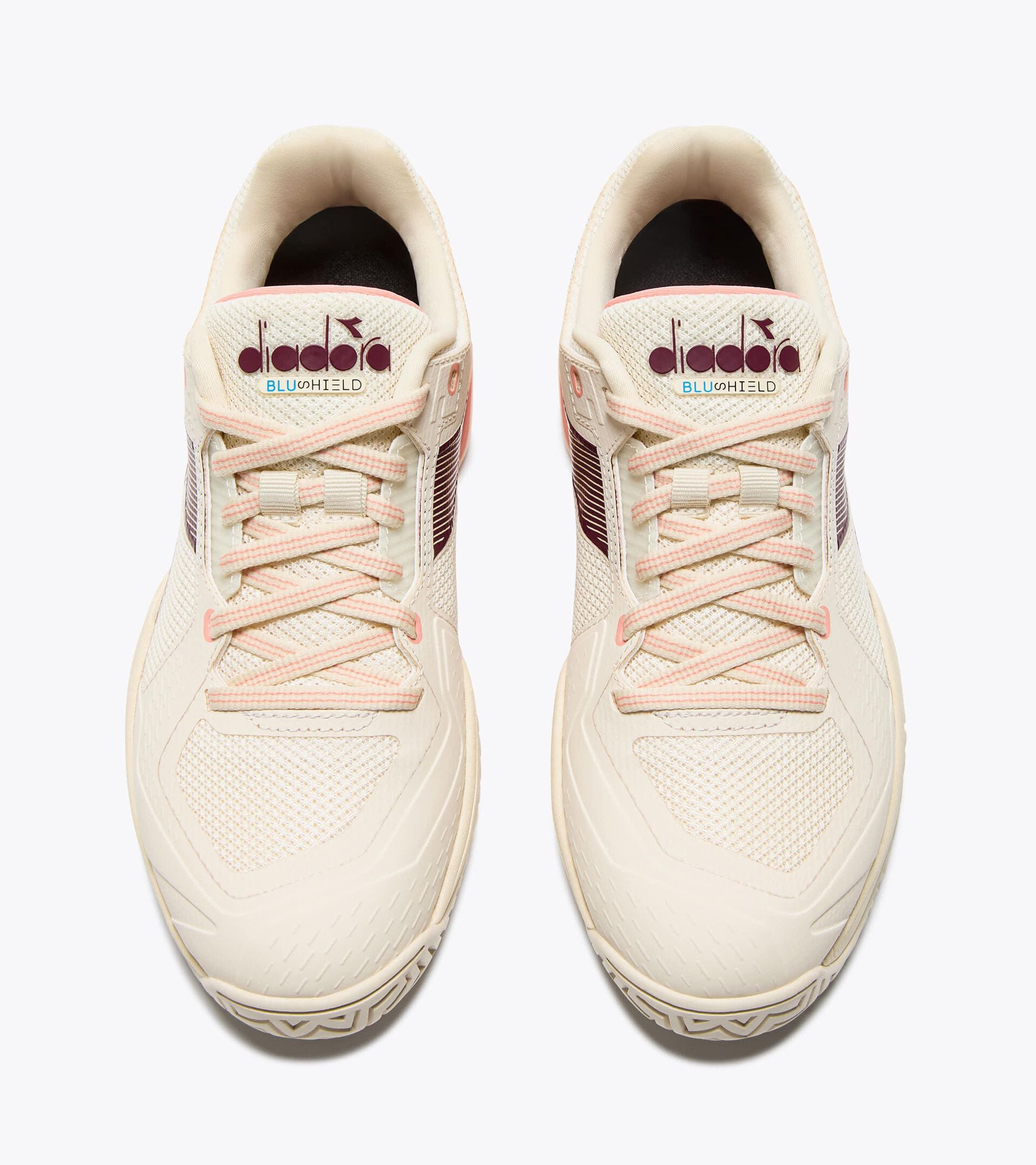 Tennis shoe for hard surfaces and clay courts -  Protection and cushioning - Women&rsquo;s BLUSHIELD TORNEO 3 W AG WHISPER WH/MAROON BAN/DES FLWR - Diadora