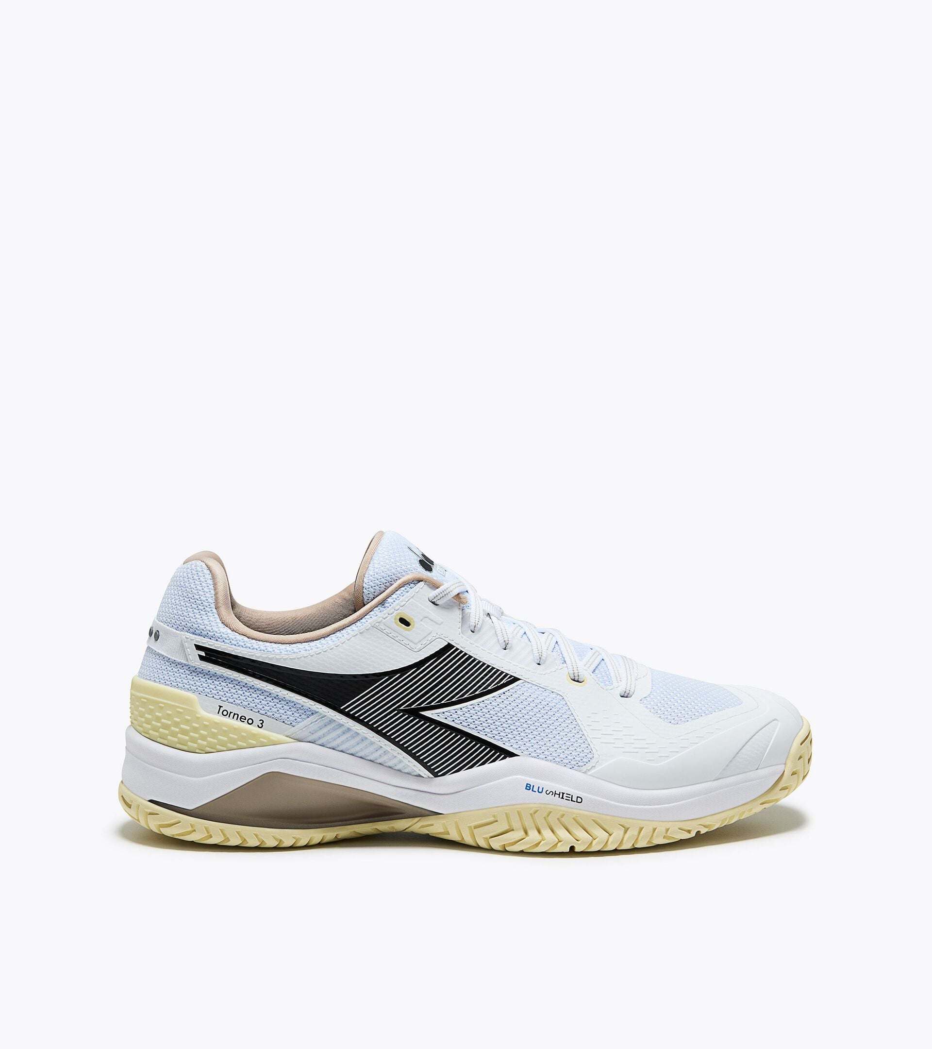 Tennis shoe for hard surfaces and clay courts -  Protection and cushioning - Men&rsquo;s BLUSHIELD TORNEO 3 AG WHITE /BLACK/RUTABAGA - Diadora